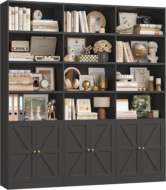 FACBOTALL 75" Triple Wide Bookshelf, Bookshelf and Bookcase with 6 Farmhouse Doors, 71" Wide 6 Tier Book Shelf with 18 Storage Shelves, Large Wooden Bookshelves, Tall Bookcase for Home Office, Black