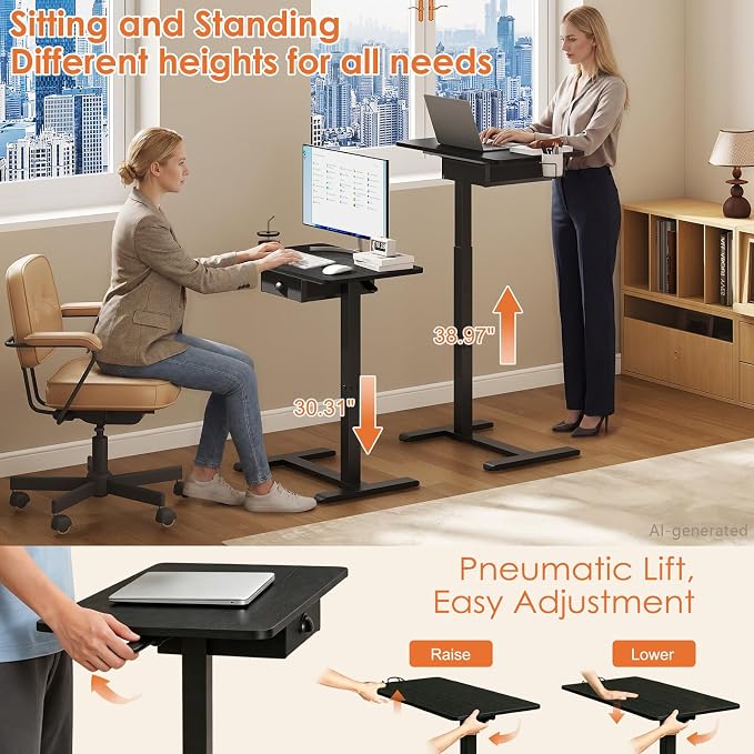 X-cosrack Overbed Bedside Table with Drawer, Adjustable Pneumatic Standing Desk with Wheels, Rolling Laptop Desk with Cup Holder, Computer Cart Movable Over Bed Table for Hospital and Home Use, Black