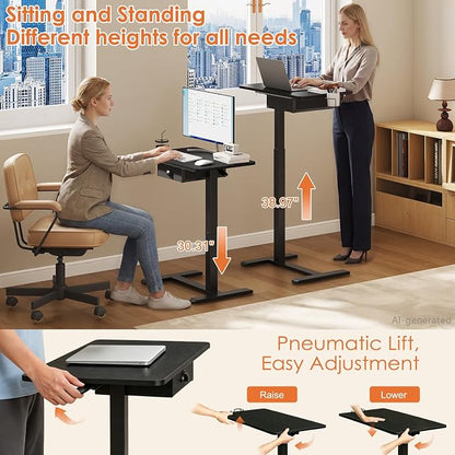 X-cosrack Overbed Bedside Table with Drawer, Adjustable Pneumatic Standing Desk with Wheels, Rolling Laptop Desk with Cup Holder, Computer Cart Movable Over Bed Table for Hospital and Home Use, Black