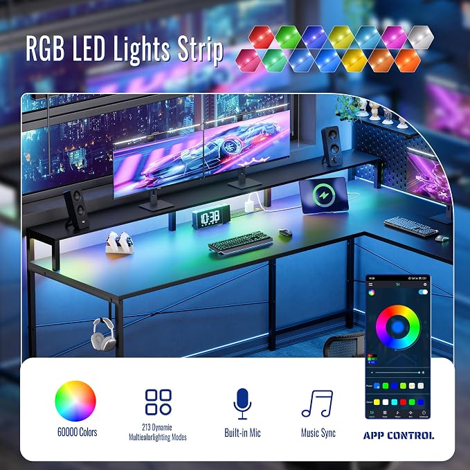 Pamray 64 Inch L Shaped Gaming Desk with Power Outlets and Led Lights, Large Corner Computer Desk with Monitor Stand and Pegboard, PC Table for Home Office and Bedroom Vintage