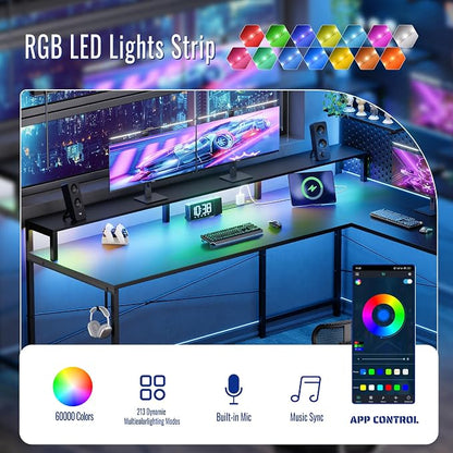 Pamray 64 Inch L Shaped Gaming Desk with Power Outlets and Led Lights, Large Corner Computer Desk with Monitor Stand and Pegboard, PC Table for Home Office and Bedroom Vintage
