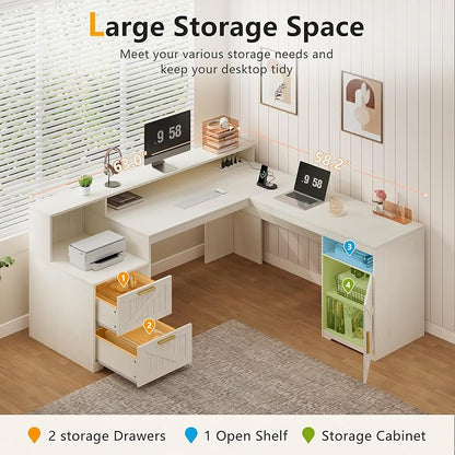 YOMILUVE 63" Farmhouse L Shaped Executive Desk with Drawers & Storage Shelf, Corner Computer Desk with Power Outlets, L Shaped Office Desk with Monitor Stand, Printer Shelf, White