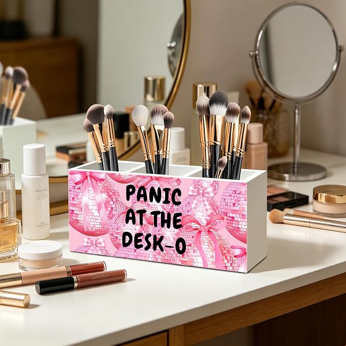 Funny Office Humor Pen Pencil Holder Organizer, Pink Office Desks Decor Accessories, Panic at the Desk-o Funky Y2K Pink Disco Ball Wood Signs for Cubicle Workplace Desk Tabletop Decor