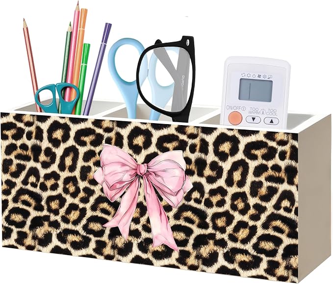 Coquette Pink Bow Cheetah Print Makeup Brush Toothbrush Holder for Girly Bathroom Dorm Vanity, Pink and Cheetah Print Wood Signs Pen Pencil Holder Organizer Desk Accessories