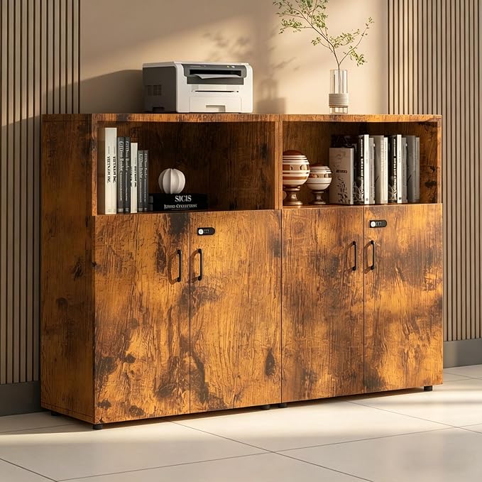 File Cabinet with Password Lock, Wood Lateral Filing Cabinet for Letter/A4 Files, 3 Drawer with Door, Printer Stand with Open Shelves for Home Office