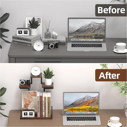 Desk Shelf Organizer, 4 Tier Small Desk Organizer, Wooden Desktop Shelf with Metal Frame, Bookshelf for Office, Kitchen, Books, Plants, Toys, Rustic Brown Black