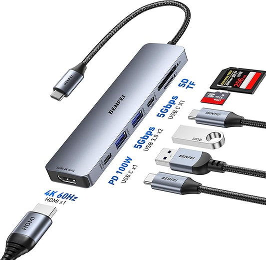 BENFEI 7-in-1 USB C Hub with HDMI(4K@60Hz), 2 USB-A, 1 USB-C Data, 100W Charge, SD/TF Card Reader, Silicone Tangle-Free Cable Compatible with MacBook Pro/Air, iPad Pro, iMac, iPhone 15 Pro/Pro Max