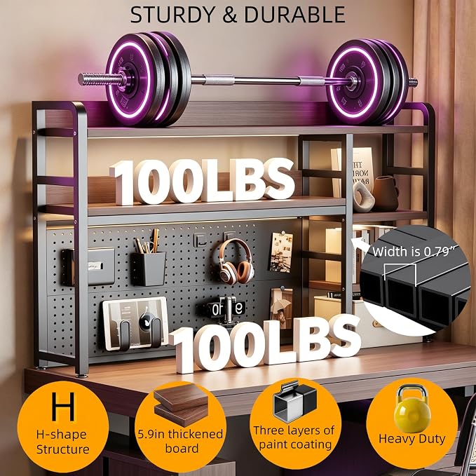 Desktop Hutch Bookshelf, 4-Tier Metal Desk Shelf for Top of Desk | Heavy Duty Countertop Organizer Rack with Peg Board & Accessories Space-Saving Storage for Dorm, Office & Home