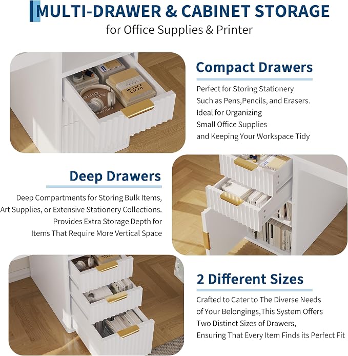 IDEALHOUSE Rectangular Computer Desk with Hutch & Printer Stand, Ripple Door Storage Home Office Desk, Space-Saving Study Writing Desk for Bedroom, Sturdy Board Student Desk with Easy Assembly