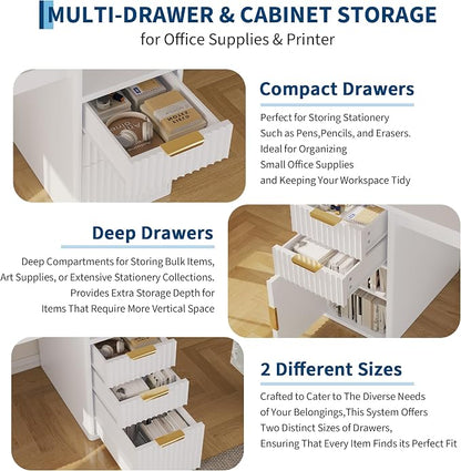 IDEALHOUSE Rectangular Computer Desk with Hutch & Printer Stand, Ripple Door Storage Home Office Desk, Space-Saving Study Writing Desk for Bedroom, Sturdy Board Student Desk with Easy Assembly