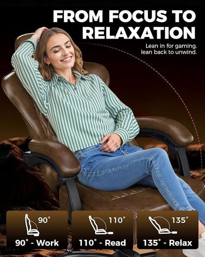 GTPLAYER Big and Tall Gaming Chair with Footrest, Ergonomic Office Desk Chair with 4.4in Thick Cushion and Wide Wingless Seat, Comfortable Leather Computer Chair, Predator Series, Rustic Brown