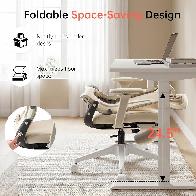 Foldable Office Chair with Foot Rest, Ergonomic Office Chair with Adjustable Lumbar Support, Headrest, Armrest, Home Office Desk Chair for Space Saving, Work from Home, Cream