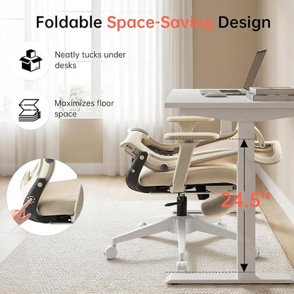 Foldable Office Chair with Foot Rest, Ergonomic Office Chair with Adjustable Lumbar Support, Headrest, Armrest, Home Office Desk Chair for Space Saving, Work from Home, Cream