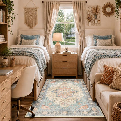 RELEANY Area Rugs 4'x6' Washable Non-Slip, Floral Vintage Distress Medallion Carpet for Living Room Bedroom Dining Room, Blue Orange Red
