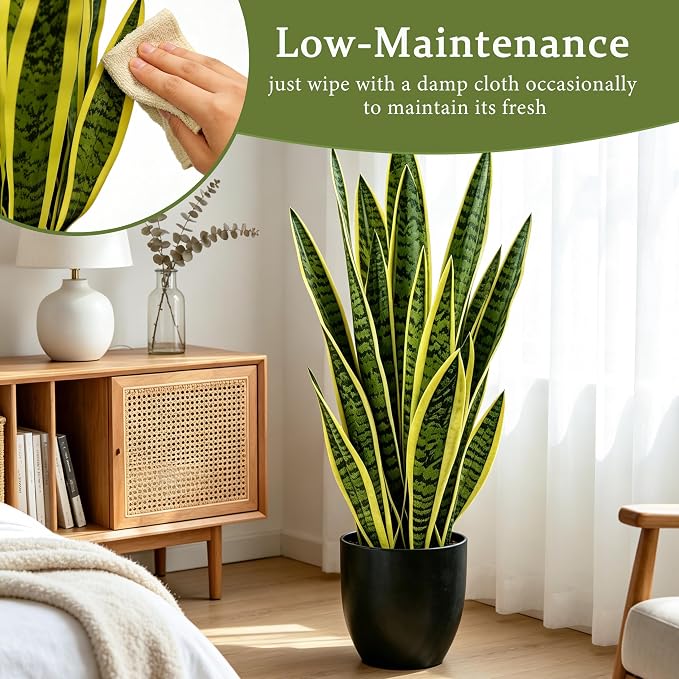 Fake Snake Plant 35'',3ft Artificial Gold Snake Plants Indoor with Black Planter, Realistic Faux Sansevieria Potted for Home Decor, Low Maintenance Greenery for Desk Office Corner Bedroom