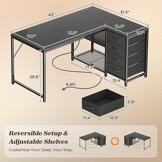 PRAISUN 43.3" Small Computer Desk with Power Outlets & USB-C Port, Reversible L Shaped Corner Office Desk with 4 Fabric Drawers and 2 Adjustable Storage Shelves, for Gaming Writing, Black