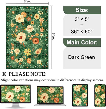 DUKINO 3x5 Area Rug, Floral Rugs for Living Room, Lightweight Non Slip Washable Rug, Indoor Low Pile & Non-Shedding Boho Design Rugs for Bedroom, Living Room, Dining Room, Dark Green