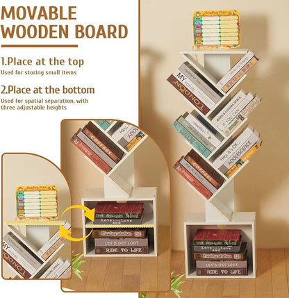 7 Tier Tree Book shelf, Small Bookcase with Reading Planner and Activity Panel, Modern Floor Standing Corner Tall Narrow Storage Cabinet Bookshelves for Home Office Bedroom Living Room (White)