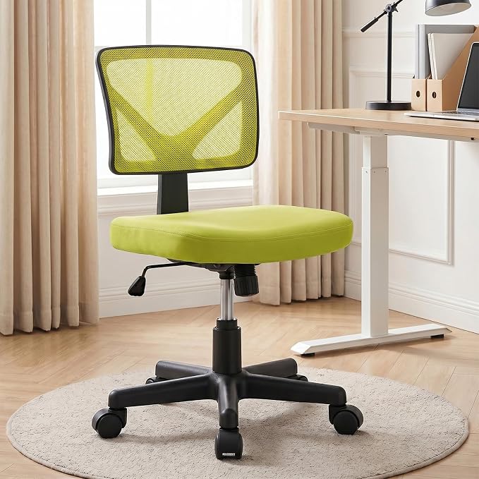 OLIXIS Armless Office Chair, Ergonomic Desk Chair with Wheels, Mesh Back, Removable Washable Foam Cushion, Height Adjustable Rolling Swivel Chairs for Small Space, Home, Office, Green