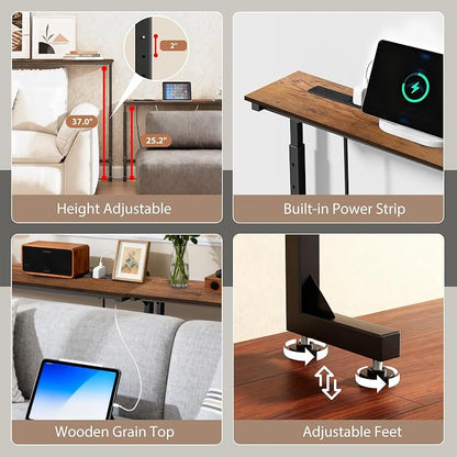 Keelian 70 inch Narrow Console Table with Outlet,Adjustable Height(25"-37") Behind Sofa Table,Couch Behind Table Skinny,Couch Shelf with Charging Station,Long Entryway Tables for Living Room,Brown