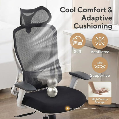 Nouhaus Apertura Ergonomic Office Chair, Home Office Desk Chairs w/Adjustable Lumbar Support & Headrest, Dynamic Back Support, 3D Armrests, High Back Mesh Comfy Computer Chair for Long Hours (Grey)