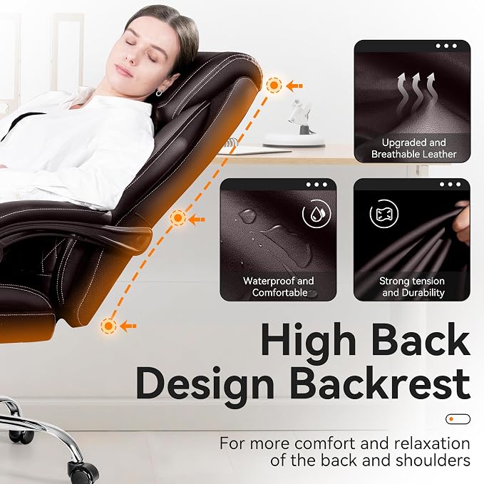 BestGlory Office Chair, Executive Leather Chair Adjustable High Back, Computer Desk Chair Lumbar Support, Big and Tall Office Chair with Footrest, Comfy Reclining Chair for Home Office