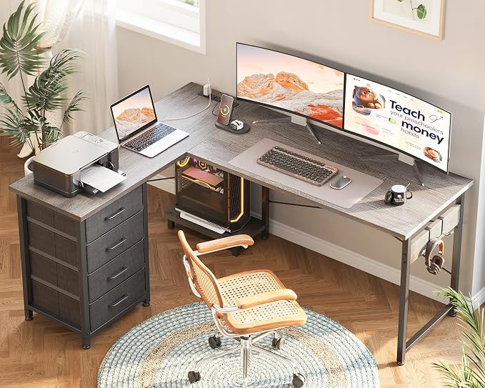 AODK L Shaped Gaming Desk with 4 Drawers, 53" Reversible Home Office Desks with Power Outlets, L Shaped Computer Desk with USB Charging Port and Host Stand, Corner Desk, Easy to Assemble, Grey