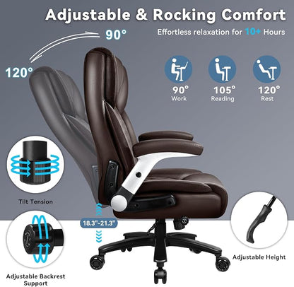 Big and Tall Office Chair 600LBS, Ergonomic Executive Desk Chair with Adjustable Lumbar Support & Flip-up Armrests, High Back Heavy Duty XL Computer Chair for Home Office, PU Leather, Brown