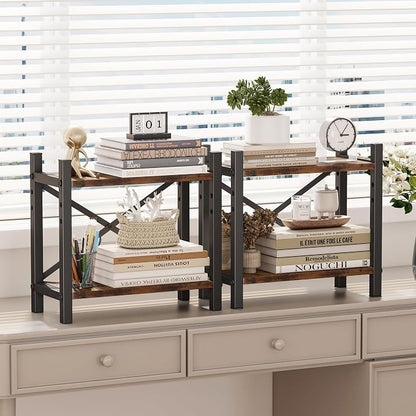 2-Pack Desktop Bookshelf, 4-Tier Stackable Narrow Bookcase, Adjustable Industrial Desk Organizer & Hutch - Rustic Brown Wood Desktop Book Organizer for Living Room, Bedroom & Home Office