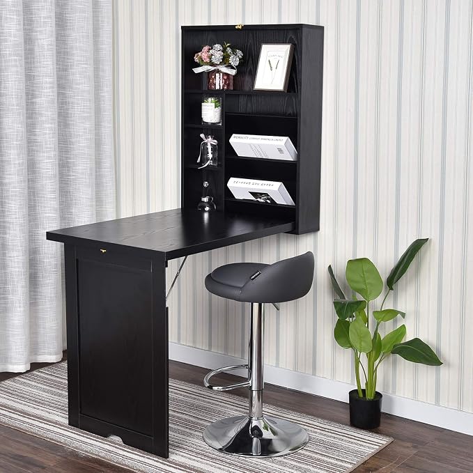 YUSING Wall Mounted Table, Fold Out Convertible Desk Multi-Function Computer Desk Writing Desk Home Office Wood Wall Floating Desk with Large Storage Area