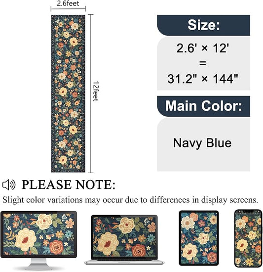 DUKINO 2.6x12 Kitchen Runner Rug, Lightweight Floral Washable Rug for Hallway, Boho Low Pile & Non Slip Backing Soft Floor Carpet for Entryway, Bedroom, Bathroom, Laundry, Navy Blue