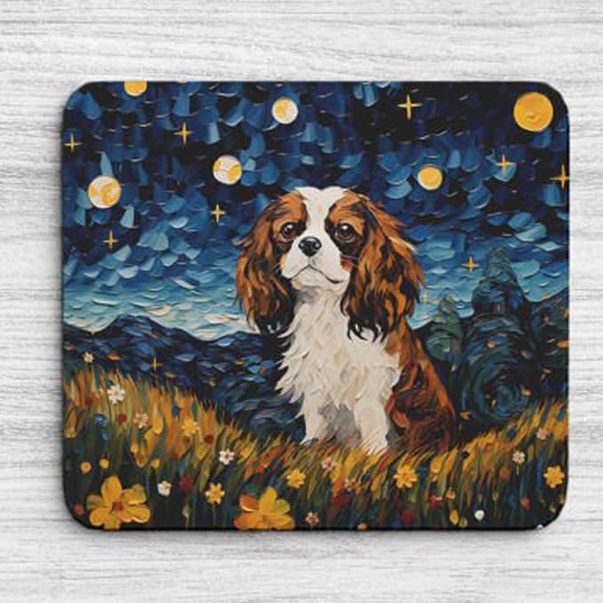 Starry Night Dog Mouse Pad for Computer Laptop Home Office Gaming Working Desk Desktop Accessories Non-Slip Rubber Mouse Pad for Dog Lovers (Cavalier King)