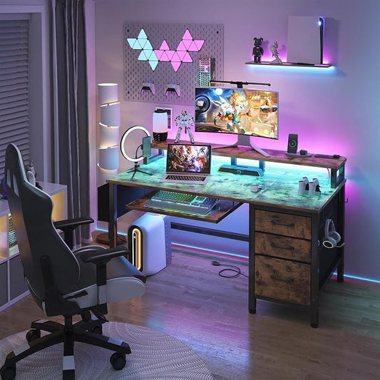 Lufeiya Gaming Desk with LED Lights and Power Outlets, 47 Inch Home Office Desks with Keyboard Tray, Computer Desk with File Drawers Cabinet, Writing Table PC Desks with Monitor Stand, Rustic Brown