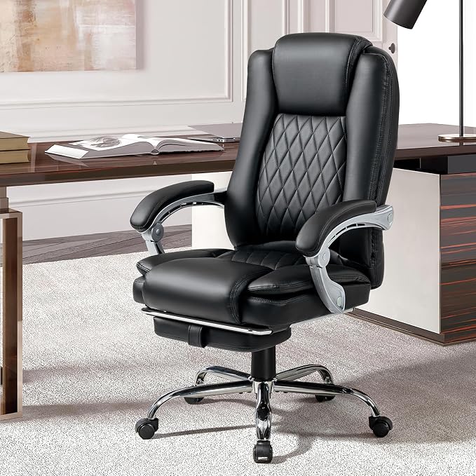 Massage Office Chair with Foot Rest - Ergonomic Executive Chair, High Back Reclining Leather Desk Chair with 135° Recline, 400 LBS, 6-Point Vibration and Heat, Classic