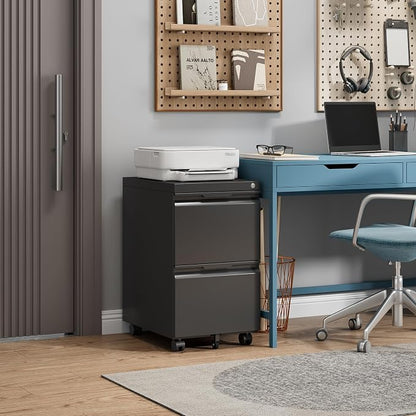 2 Drawer Mobile File Cabinet with Lock, Metal Filing Cabinet, Under Desk Rolling Small Filing Cabinet with Wheels for Home Office Storage, Fits Legal/A4/Letter/Document Size, Required Assembly, Black
