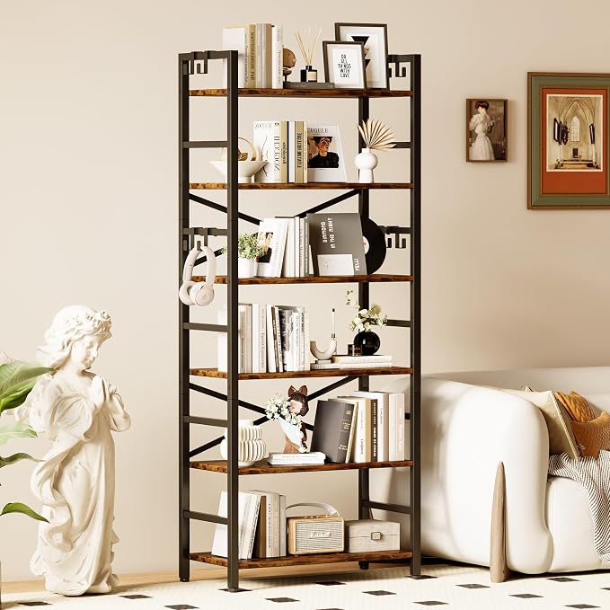Homeiju 6 Tier Bookshelf, Industrial Bookcase with 8 Hooks, Vintage Storage Rack with Open Shelves, Rustic Standing Bookshelves Metal Frame Display Rack for Living Room, Bedroom, Rustic Brown