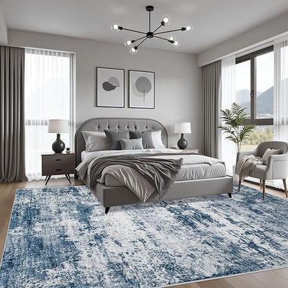 9x12 Area Rug Living Room Rug: Washable Modern Abstract Soft Thin Rug Indoor Floor No Slip Stain Resistant Carpet for Bedroom Dining Room Farmhouse Nursery Home Office - Blue