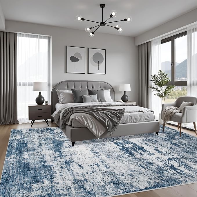 10x12 Area Rug Living Room Rug: Washable Modern Abstract Soft Thin Rug Indoor Floor No Slip Stain Resistant Carpet for Bedroom Dining Room Farmhouse Nursery Home Office - Blue