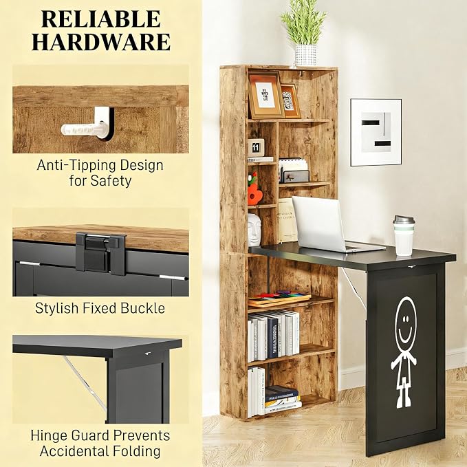 Foldable Wall Mounted Desk with Storage Shelves & Blackboard, Fold-Out Convertible Writing Table for Small Spaces | Space-Saving Floating Computer Desk for Home Office (Brown)