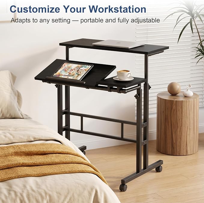 VECELO Mobile Small Standing Desk Adjustable Height, Computer Workstations with Tiltable Tabletop, Lockable Wheels, Portable Rolling Laptop Desk for Home Office, Black