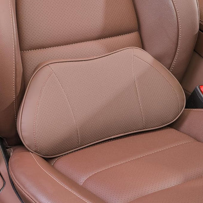 Lumbar Support Pillow for Car, Premium Leather Memory Foam Lumbar Cushion for Lower Back Pain Relief, Universal Back Support for Driving, Home & Office Chairs, Brown, 1 Pack