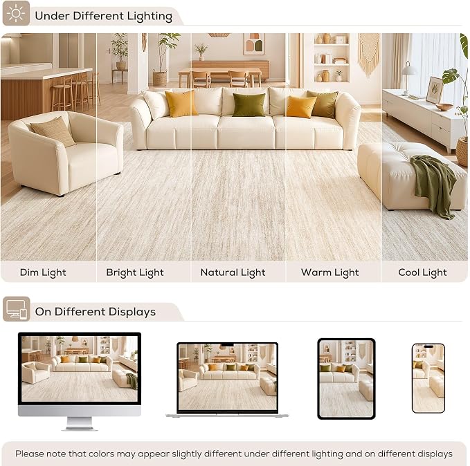 Nakagishi 7X9 Area Rugs Living Room: Washable Large Vintage Rug Neutral Non-Slip Soft Stain Resistant Indoor Carpet for Bedroom Nursery Dining Room Office Playroom - Beige