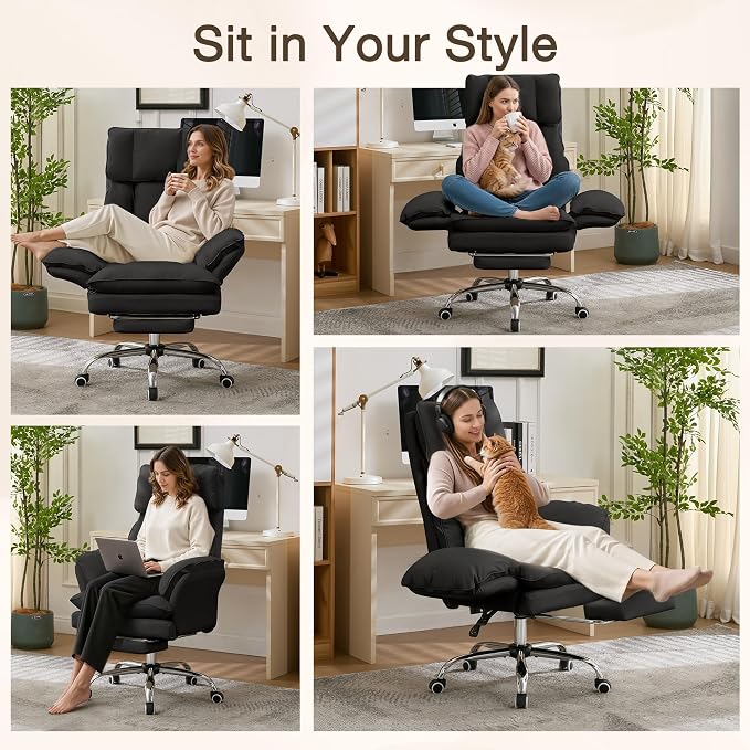 Cloud Cross Legged Office Chair with Footrest,Leather Big and Tall Executive Ergonomic Chair, Flip Armrests for Pets,155° Reclining Computer Wide Desk Chair for Home,Office (Black)
