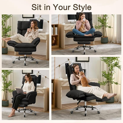 Cloud Cross Legged Office Chair with Footrest,Leather Big and Tall Executive Ergonomic Chair, Flip Armrests for Pets,155° Reclining Computer Wide Desk Chair for Home,Office (Black)