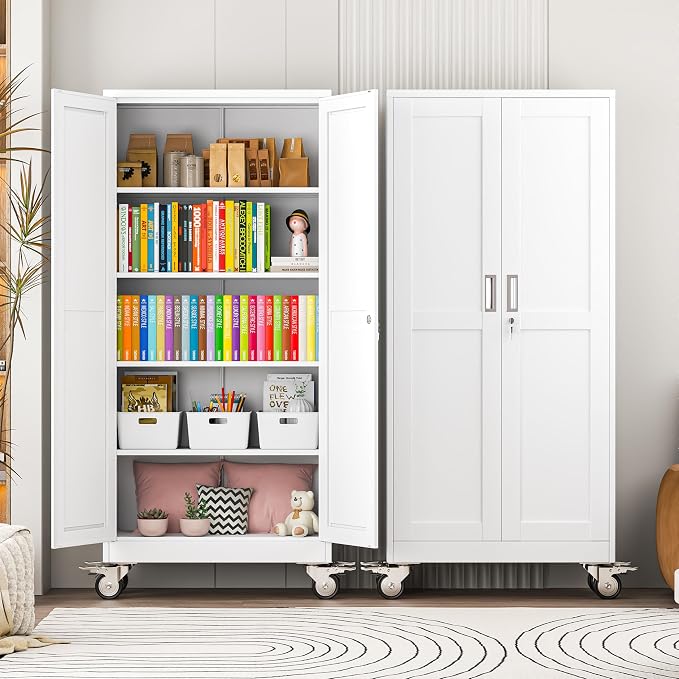 winiowa 71" Tall Metal Garage Storage Cabinet with Wheels, Steel Locking Rolling Tool Cabinet with 4 Adjustable Shelves for Garage,Home,Office (White)