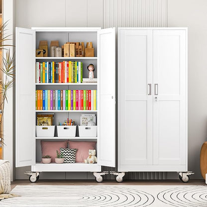 winiowa 71" Tall Metal Garage Storage Cabinet with Wheels, Steel Locking Rolling Tool Cabinet with 4 Adjustable Shelves for Garage,Home,Office (White)