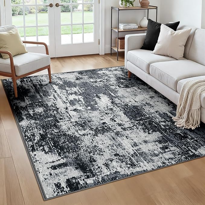 RELEANY Washable Area Rugs Square 6ft Non-Slip Modern Abstract Soft for Living Room Entryway Bedroom Kitchen, Print Pattern, Black Navy Blue Gray