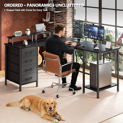 Korfile 59 inch L Shaped Computer Desk with Power Outlets, Home Office Desk with 4 Adjustable Storage Drawers & 2 Monitor Stands, Two Person Gaming Table for Bedroom, Black