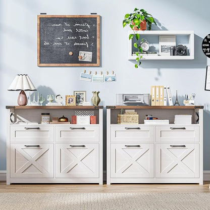 Farmhouse 4 Drawer File Cabinet with Open Storage Shelf, Lateral Filing Cabinet Fits Letter/A4/ Size, Home Office Filing Organizer, Document Storage Printer Stand for Home and Office,Uunique White