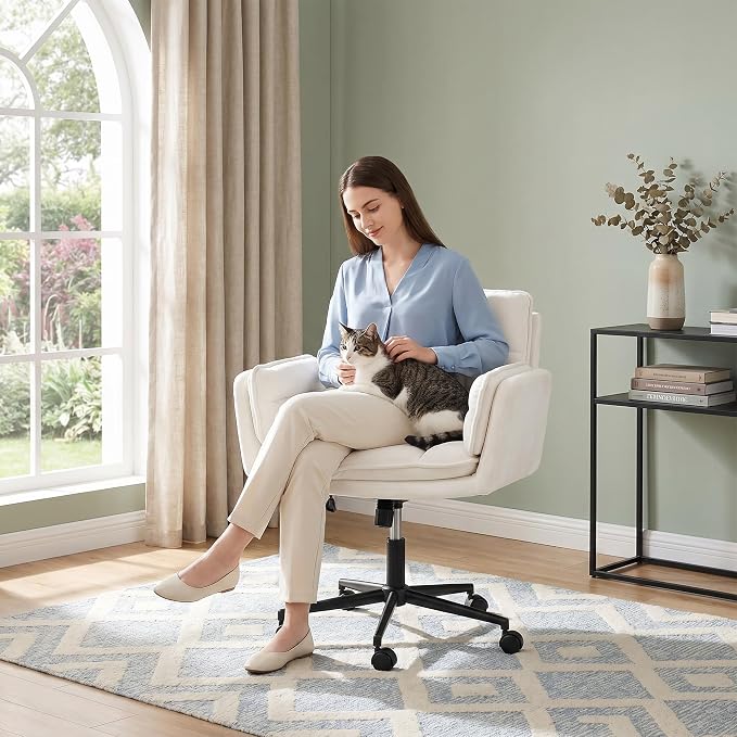 DurayLoly Criss Cross Chair with Flip-Up Arms & Swivel Wheels, Cross Legged Chair with Adjustable Height Comfortable Wide Seat Reclining Computer Office Desk Chairs for Home Office, Make Up, Bed Room